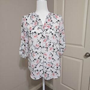 Sienna Sky 3/4 Sleeve Blouse Size Medium, Color White/Coral Floral
